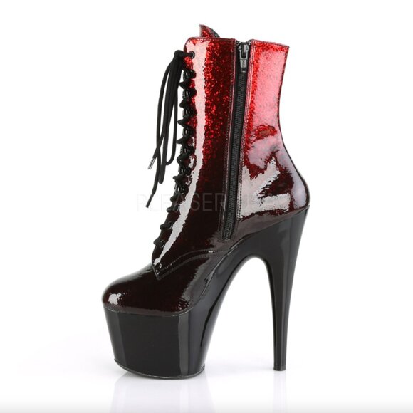 Pleaser ADORE Red Glitter Patented Ombre 7" Platform Stiletto Heel Lace Up Boots - Picture 5 of 16